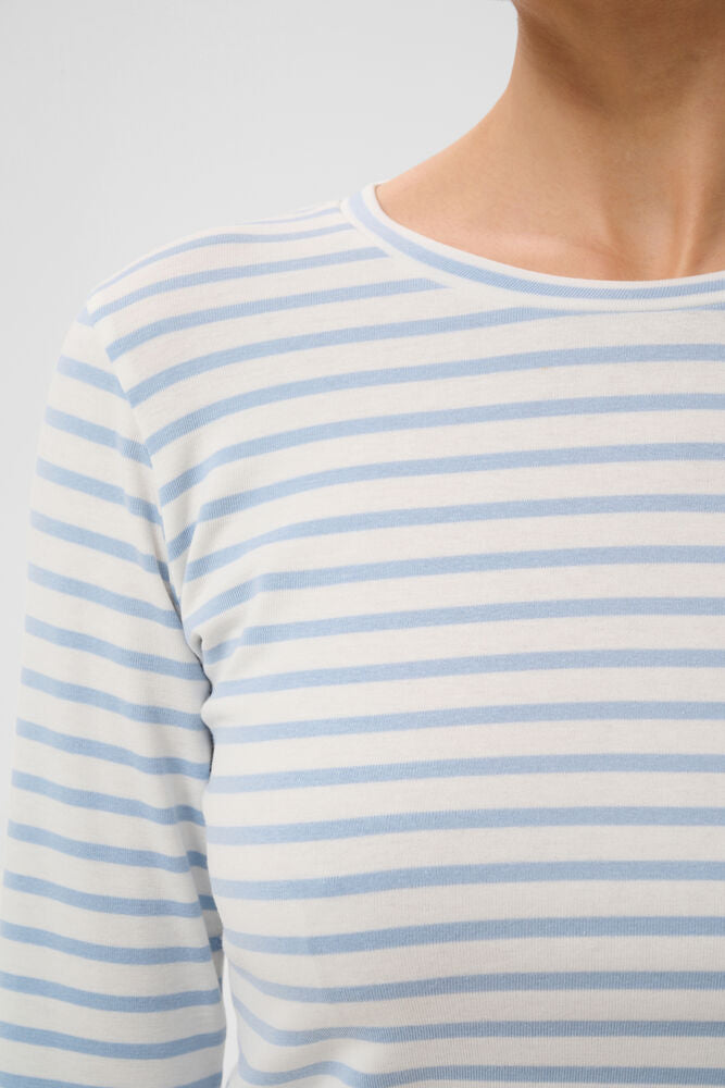 KAFFE Plain Stripe T-Shirt in Chalk White and Blue Fog Stripe