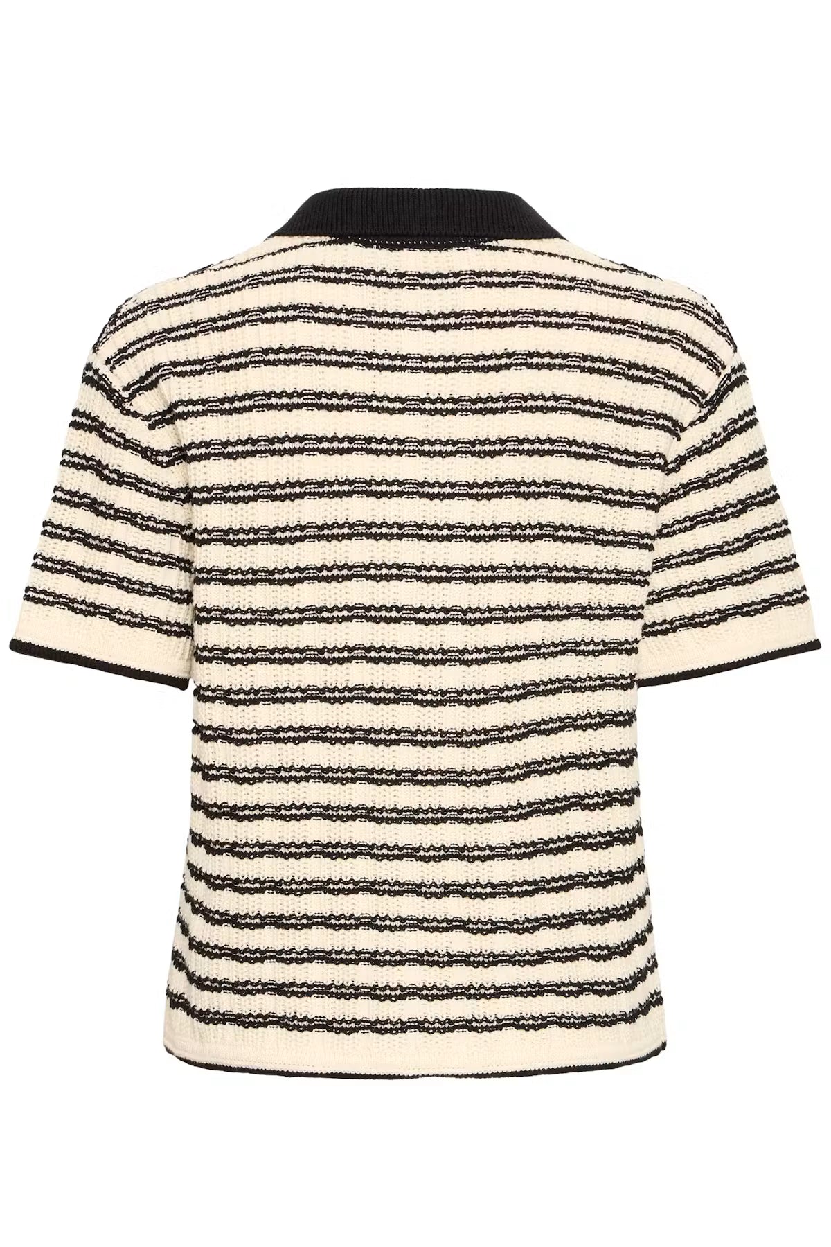 ICHI Channy Knitted Polo in Birch with Black Stripe