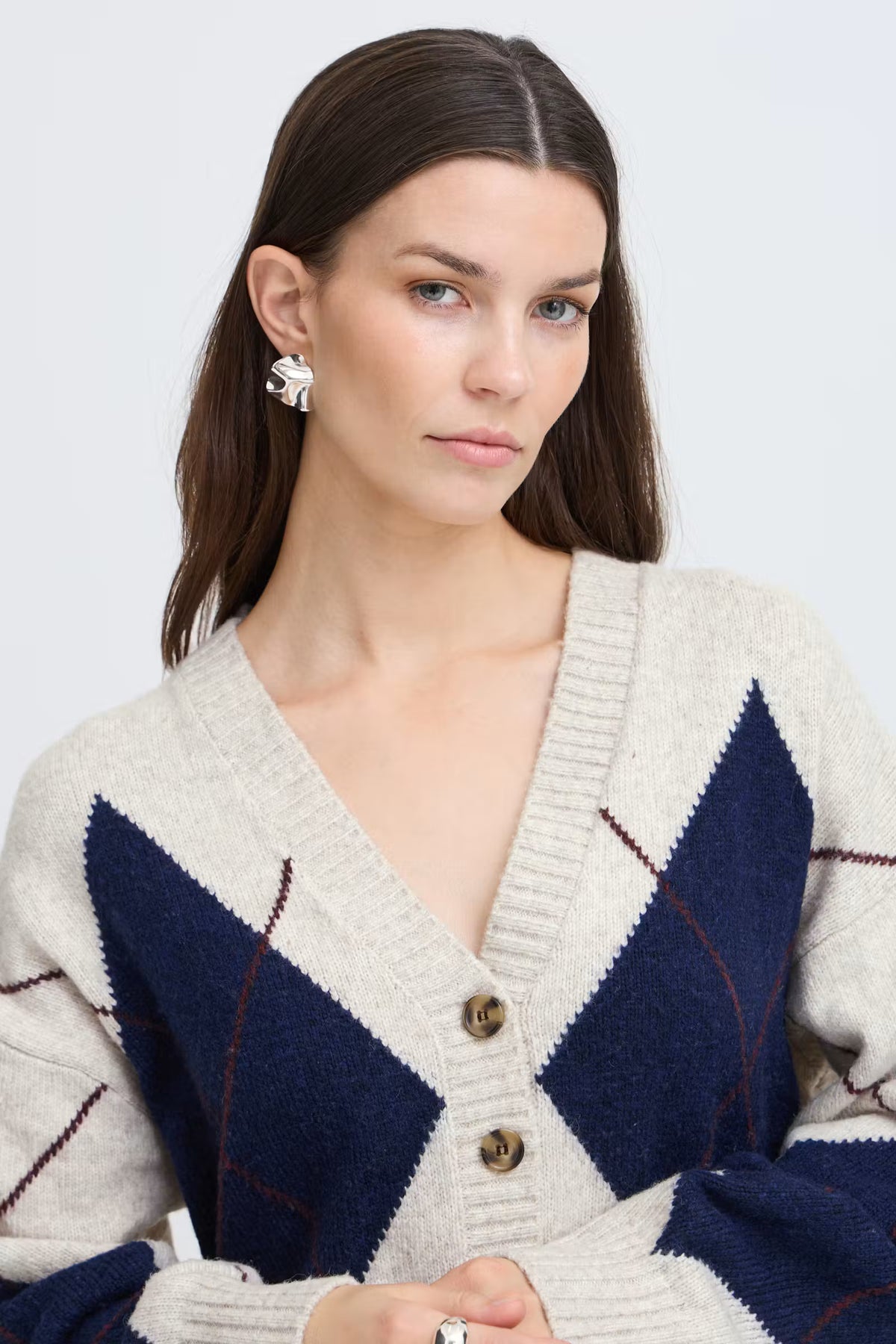 Fransa GIGI Cardigan in Oatmeal Melange Check
