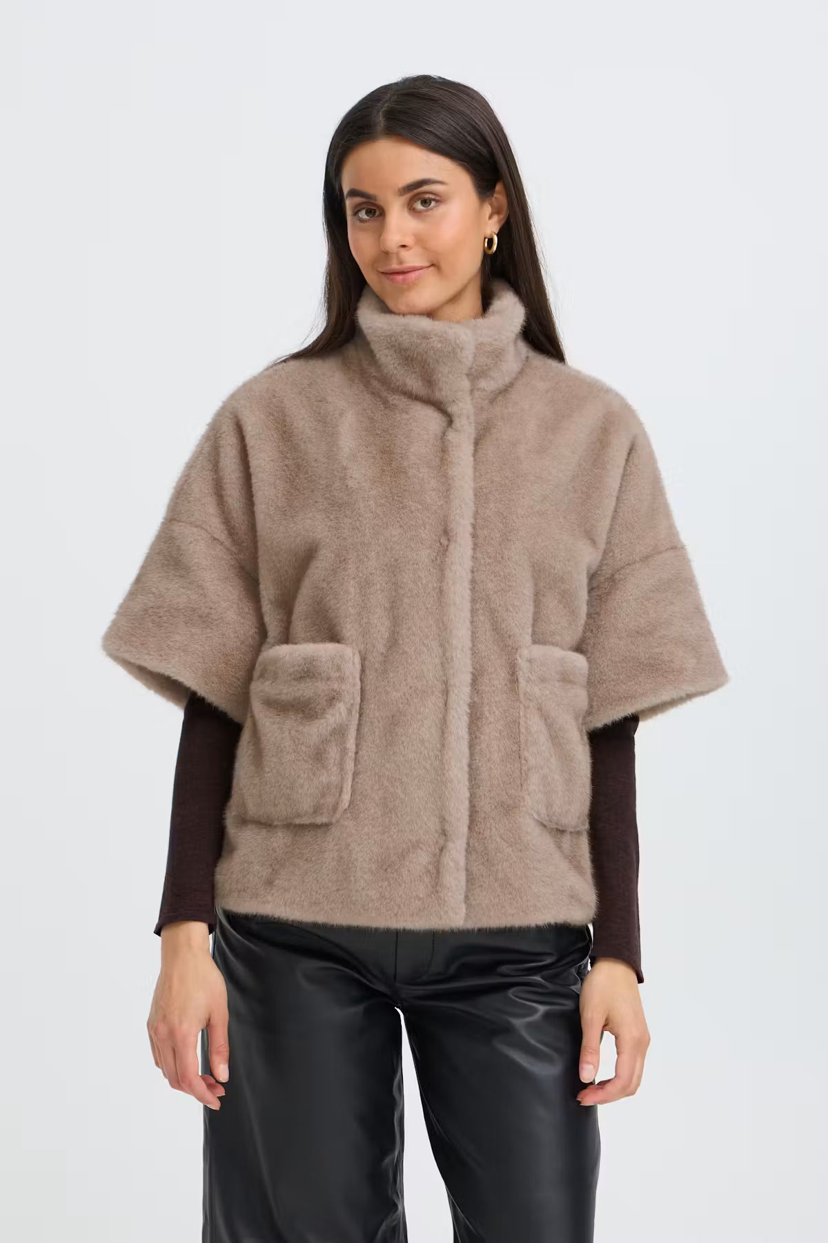Fransa DORIS Faux Fur Jacket in Driftwood Grey