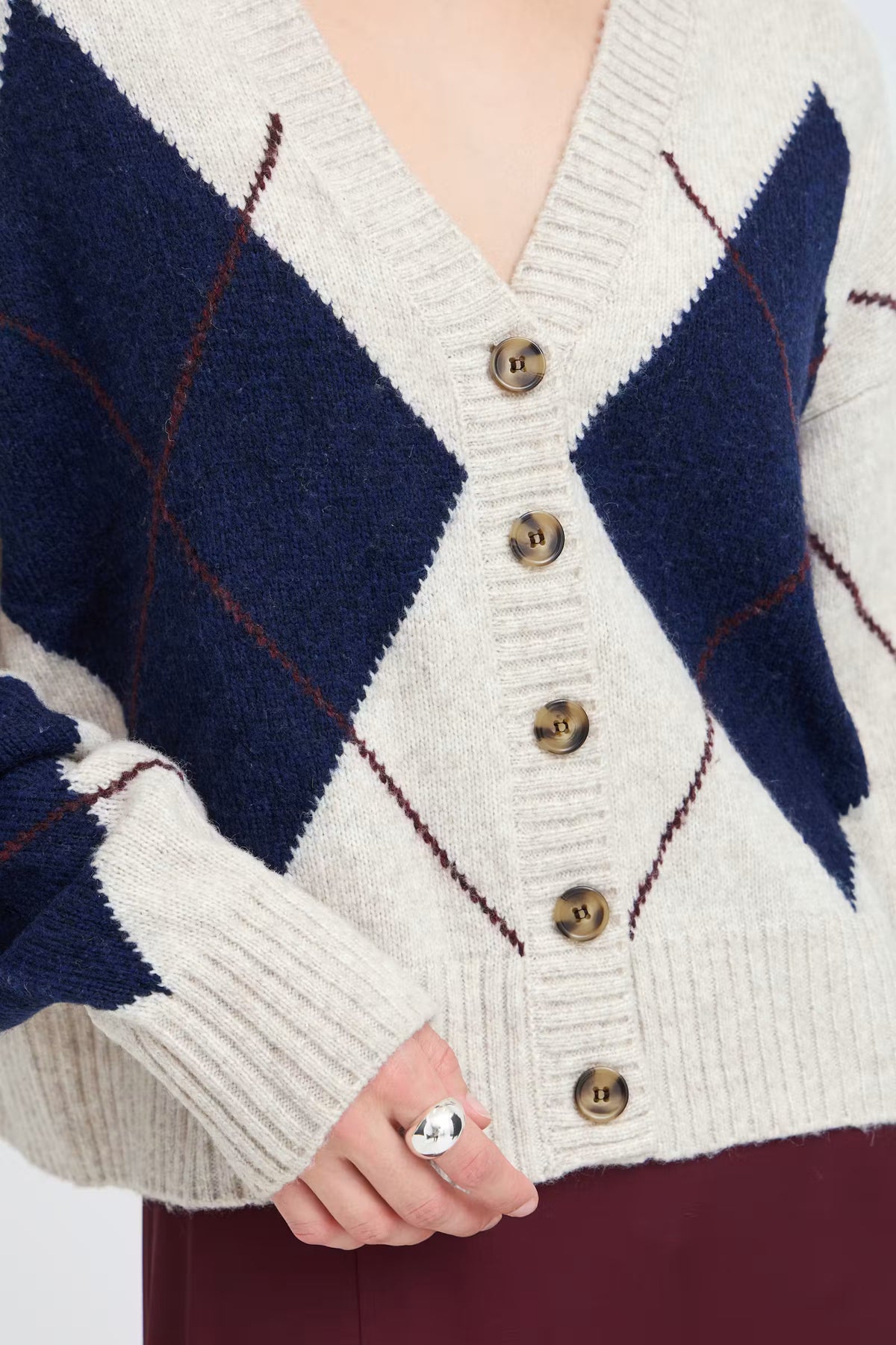 Fransa GIGI Cardigan in Oatmeal Melange Check