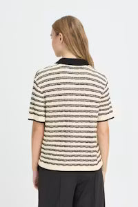 ICHI Channy Knitted Polo in Birch with Black Stripe