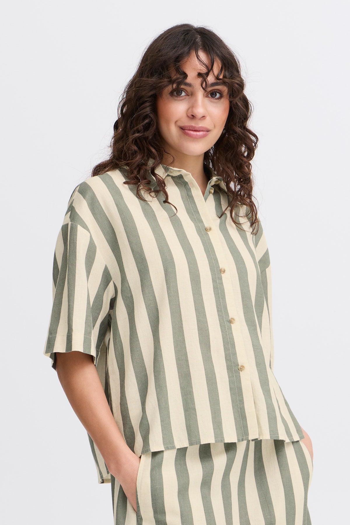 Fransa Maddie Shirt in Agave Green stripe with short sleeves