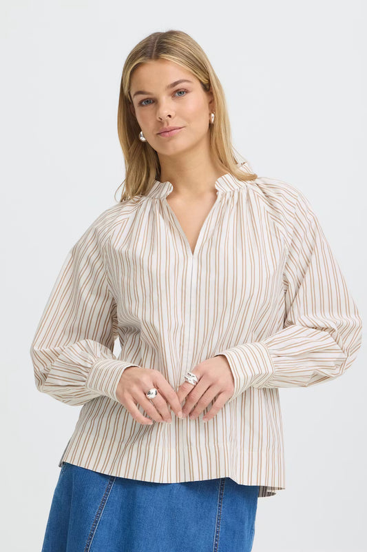 Fransa Zaba Blouse in White Tobacco Stripe