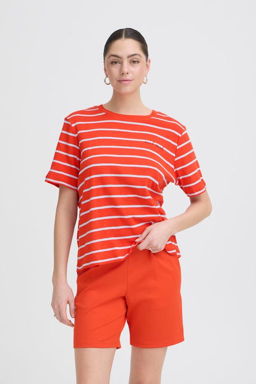 ICHI Nova SS Tee in Fiery Red / Powder Blue Stripe