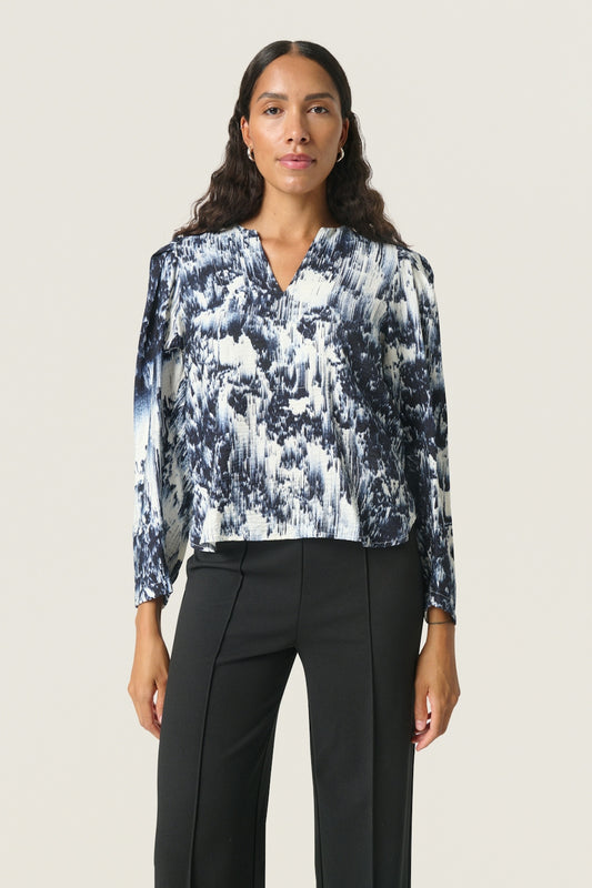 Soaked In Luxury Jazzlyn LS Blouse in Dark Navy Print
