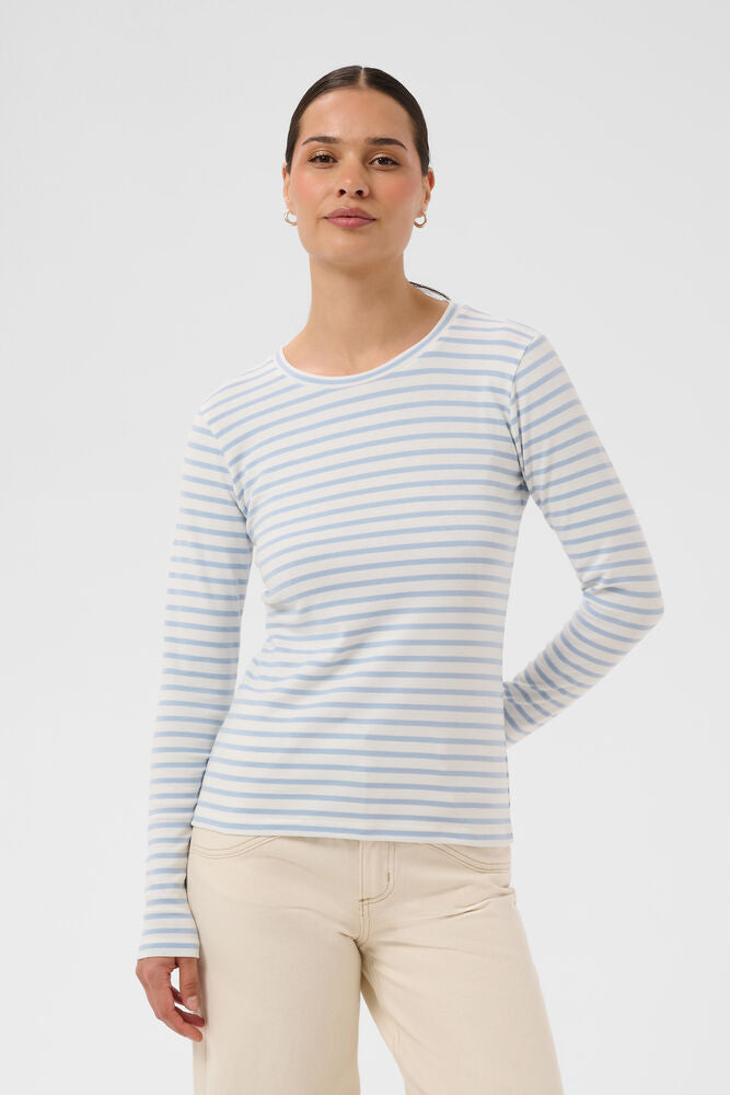 KAFFE Plain Stripe T-Shirt in Chalk White and Blue Fog Stripe