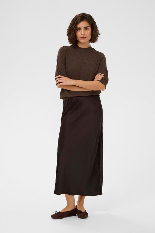 Woman wearing a brown top and skirt on a white background