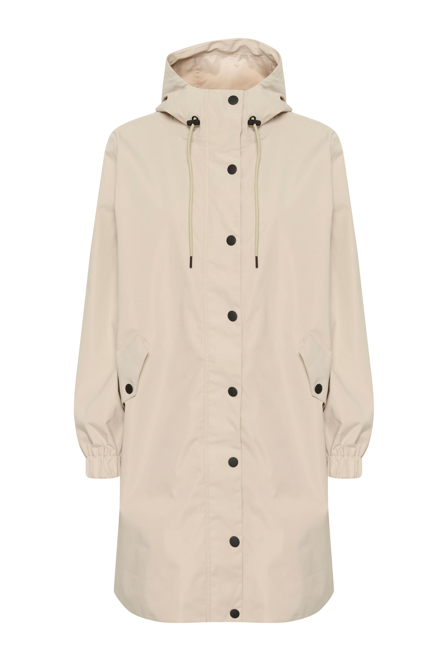 Beige hooded coat with black buttons on a white background