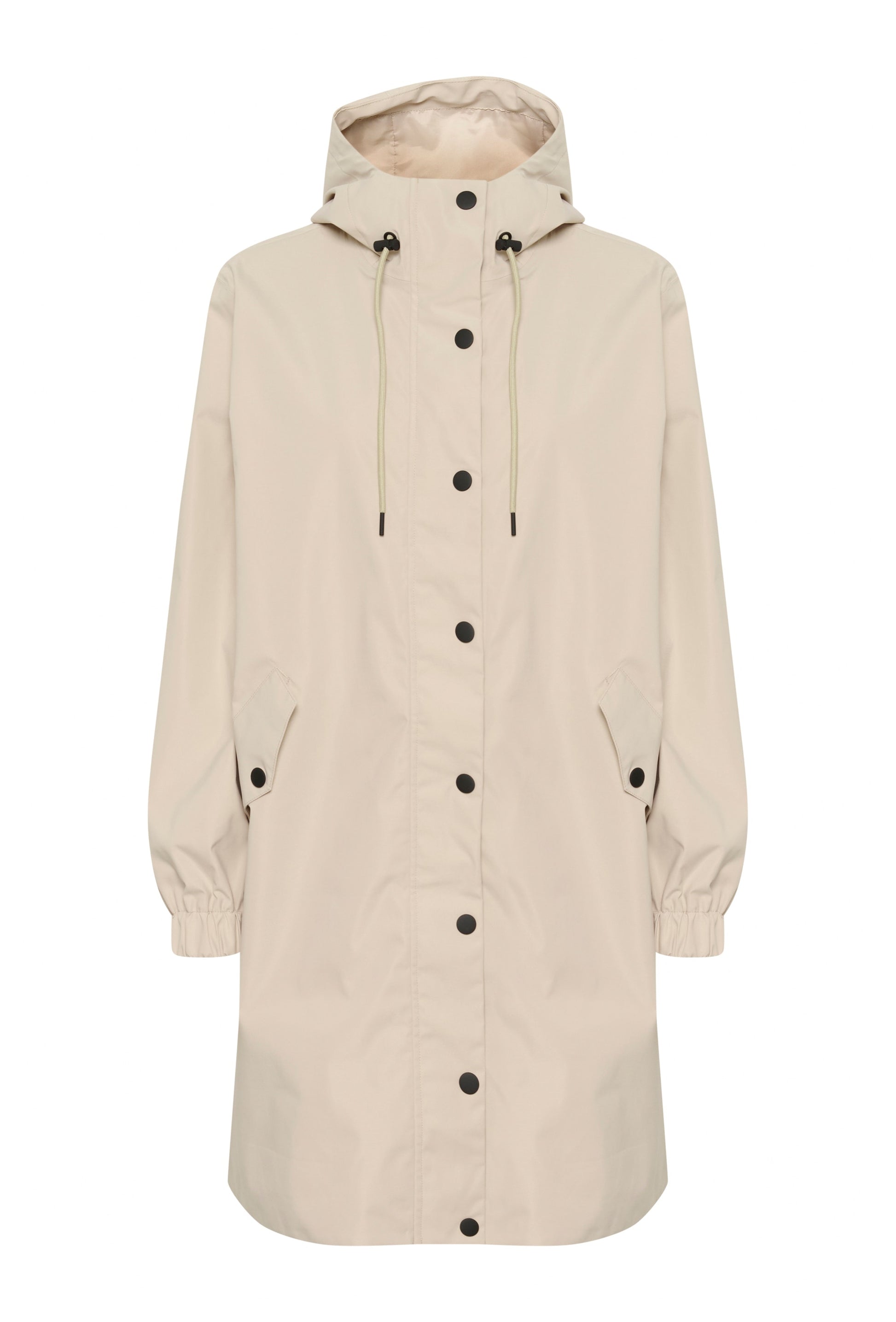 Beige hooded coat with black buttons on a white background