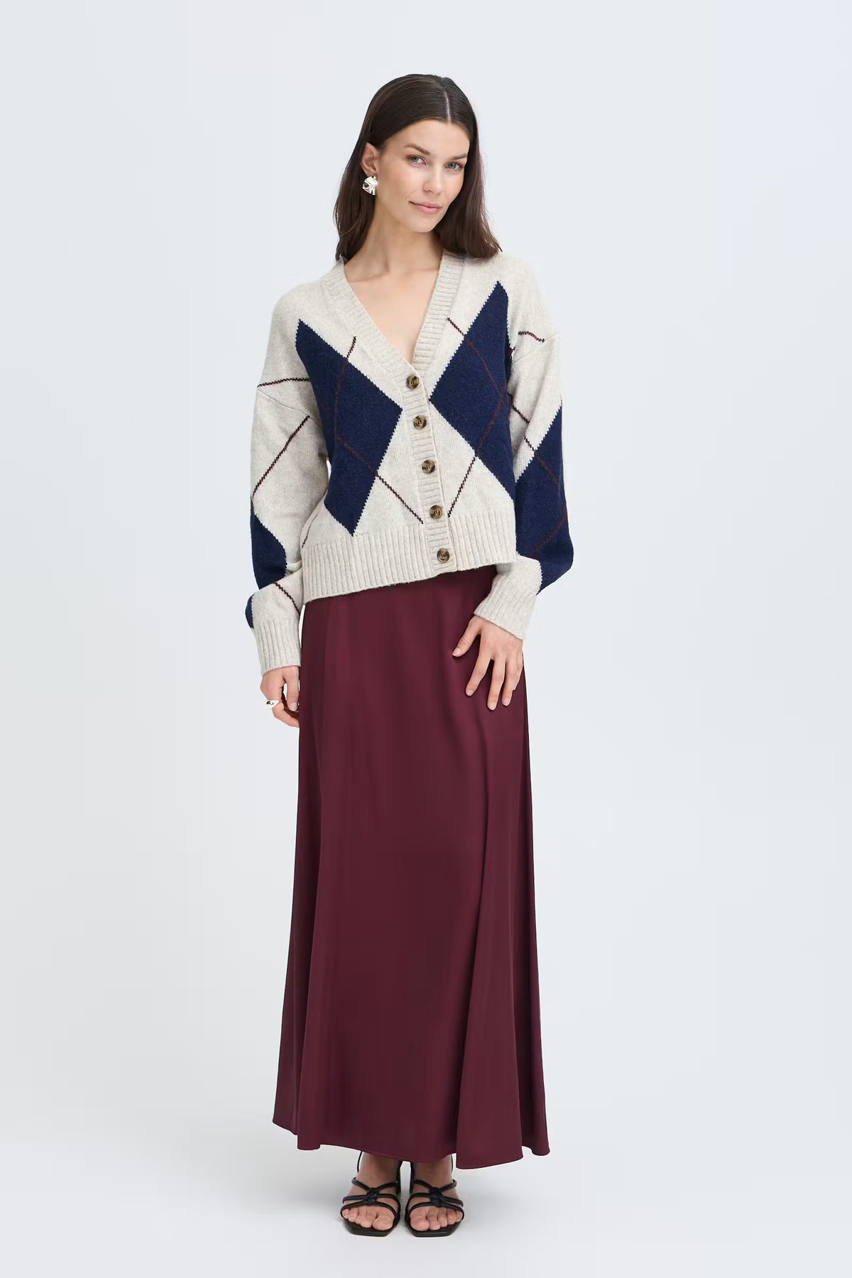 Fransa GIGI Cardigan in Oatmeal Melange Check