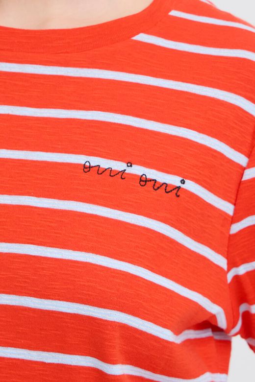 ICHI Nova SS Tee in Fiery Red / Powder Blue Stripe