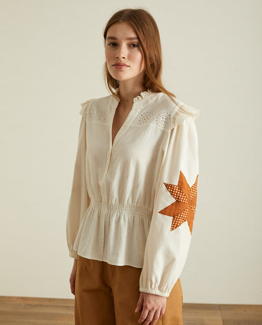 Yerse Cotton Shirt Patchwork Accents Ecru