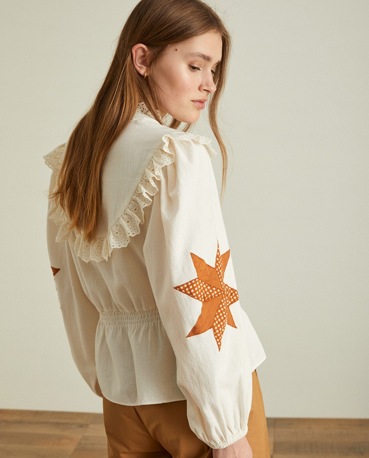 Yerse Cotton Shirt Patchwork Accents Ecru