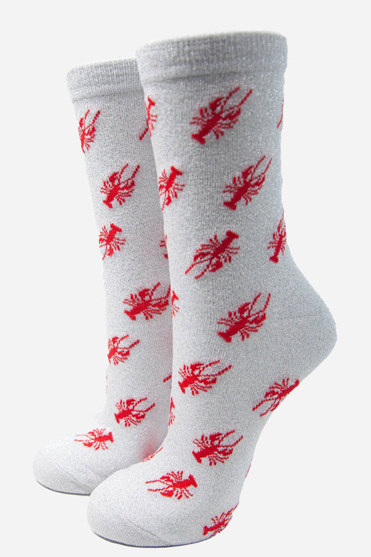 White Red All Over Lobster Print Glitter Socks