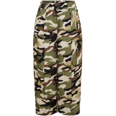 A pair of high-waisted, wide-leg trousers featuring an all-over woodland camouflage pattern in green, brown, black, and beige, shown against a plain white background.