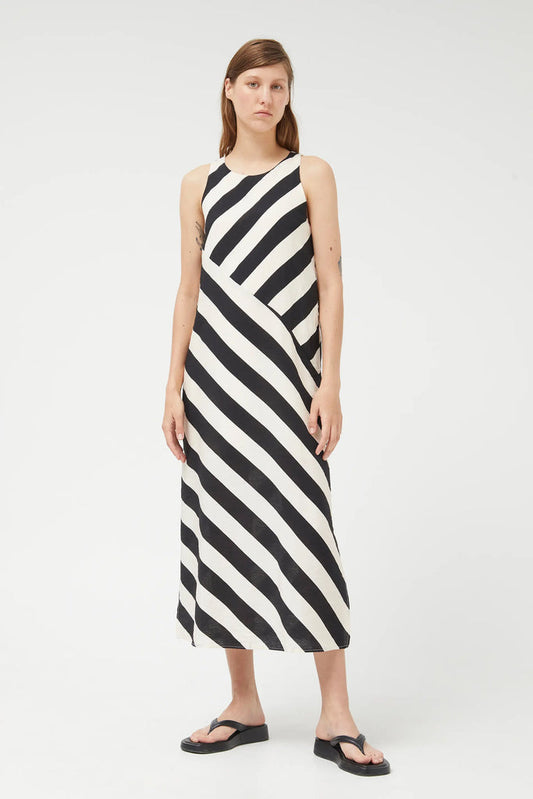 Compania Fantastica Black & White Striped Sleeveless Dress with diagonal stripe detail across the middle