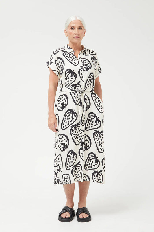 Compania Fantastica Strawberry Print Shirt Dress - midi length with short sleeves