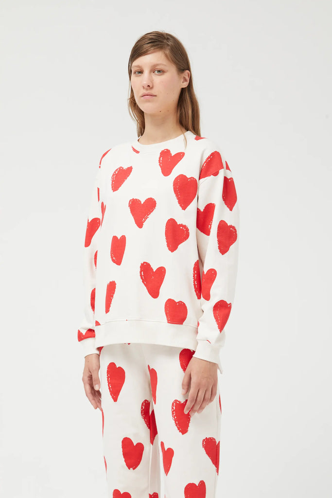 Compania Fantastica Heart Print Sweat Top in White with red hearts print