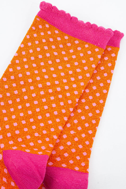 Glitter Socks - Orange/Pink, Small Polka Dot
