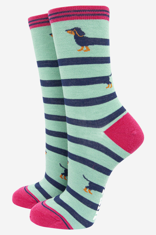 Bamboo Socks - Green, Sausage Dog