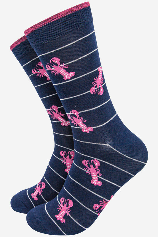Men's Bamboo Socks - Navy Blue, Stripe Lobsters
