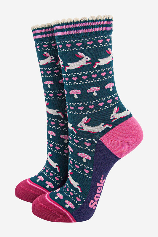 Women's Bamboo Socks - Forest Green/Navy Blue, Rabbit and Toadstools