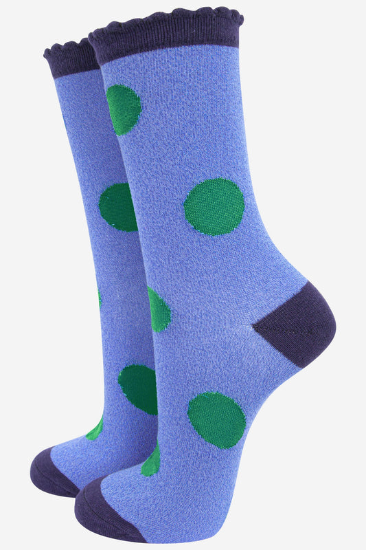 Glitter Socks - Denim Blue/Green, Large Polka Dot