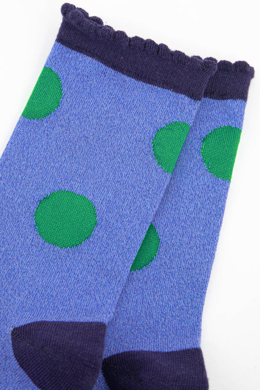 Glitter Socks - Denim Blue/Green, Large Polka Dot