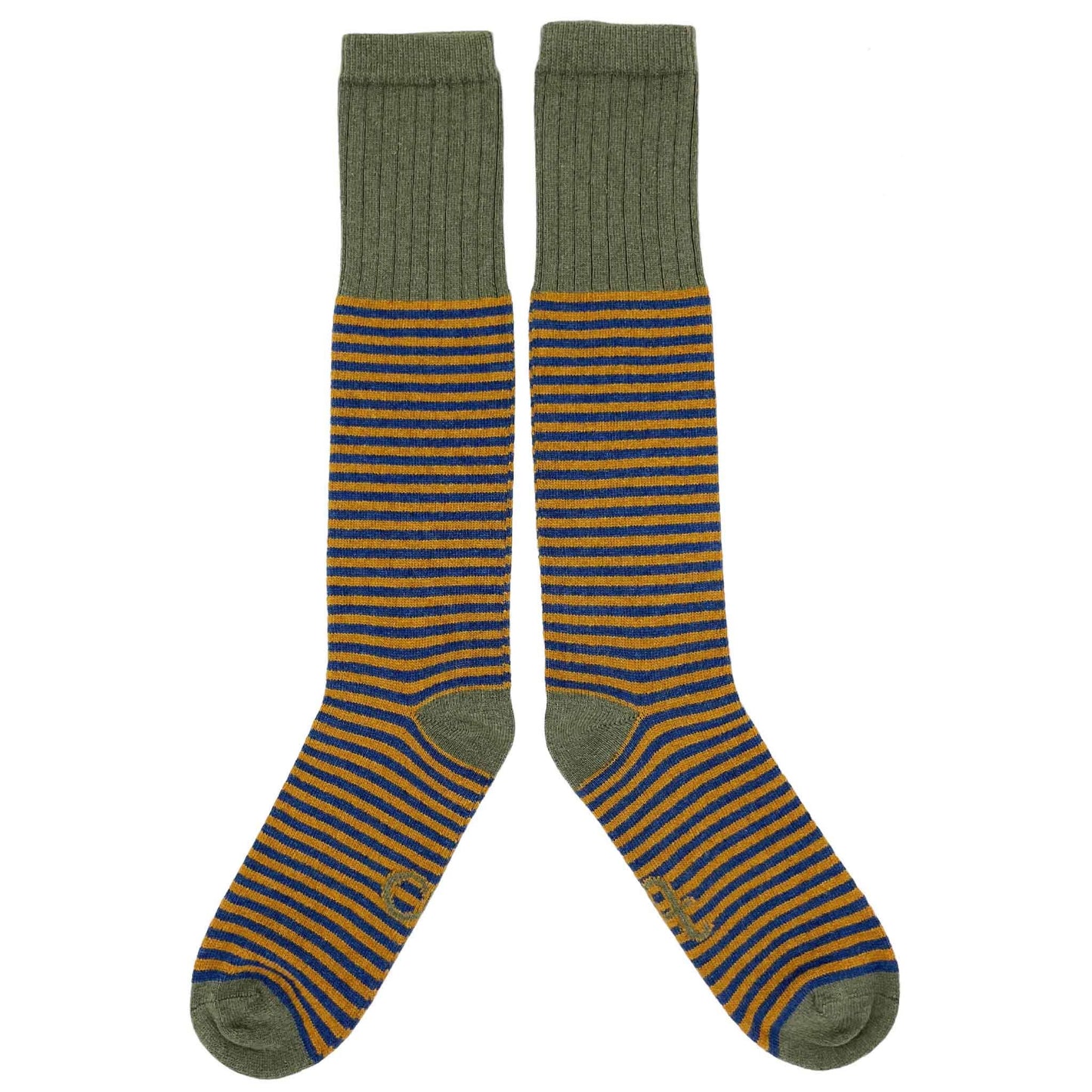 Pair of striped socks with green and blue pattern on a white background