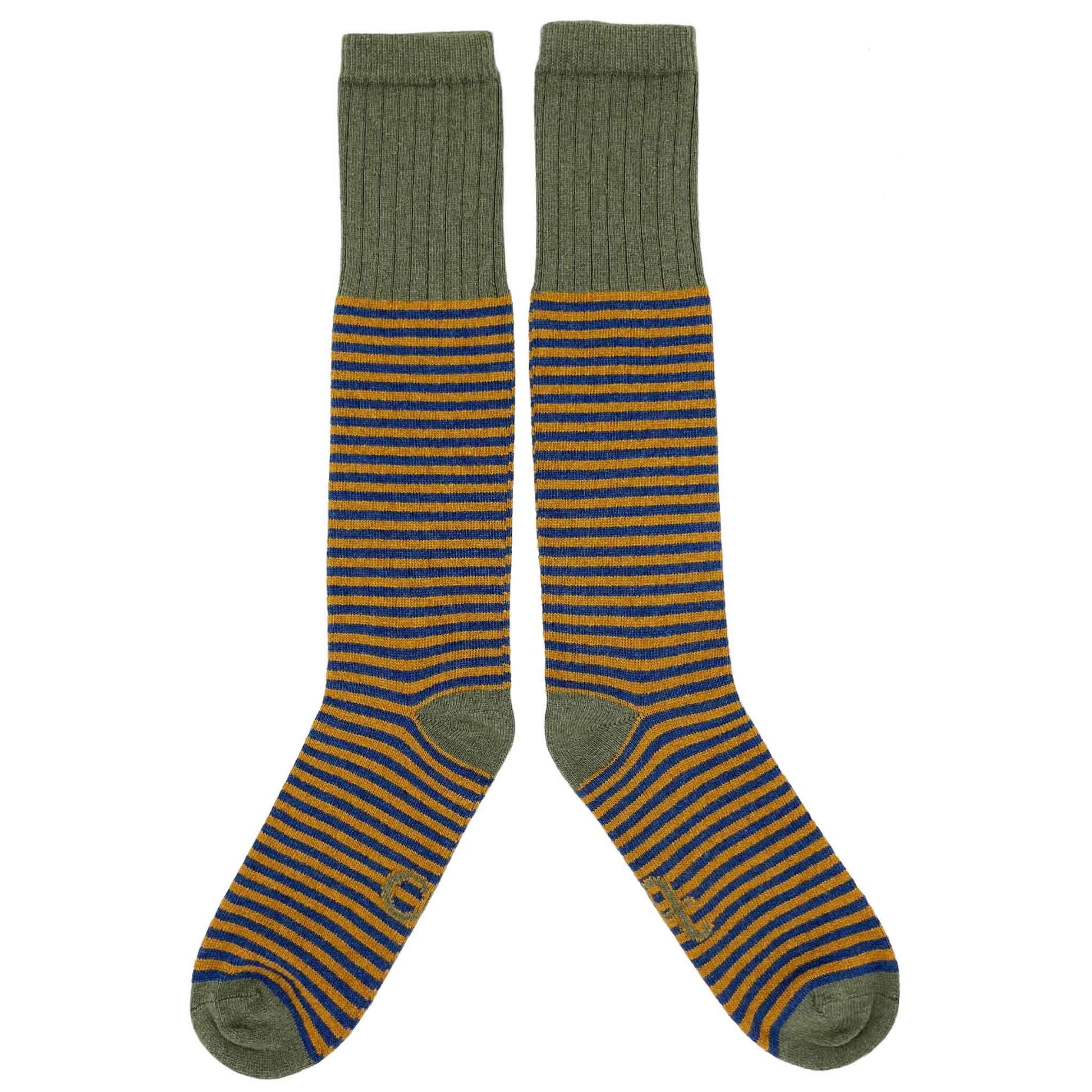 Pair of striped socks with green and blue pattern on a white background