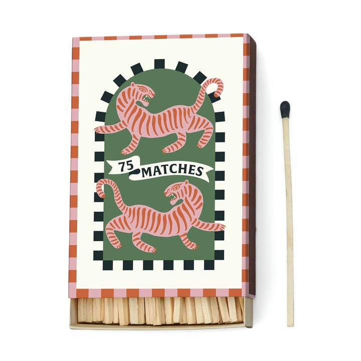 Matchbox with tiger design and '75 Matches' text on a white background