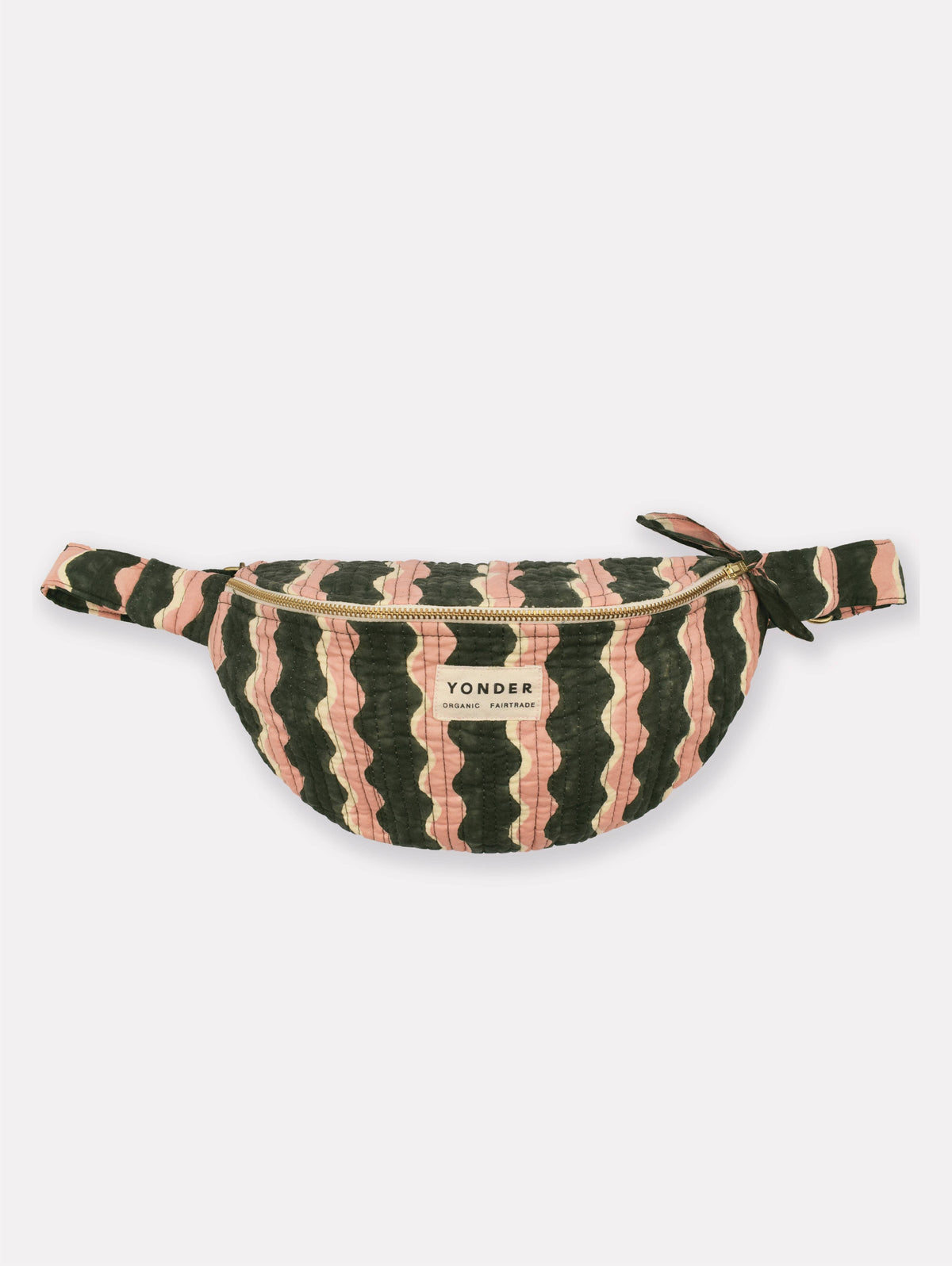 A YONDER brand fanny pack featuring a wavy, zig-zag striped pattern in dark green and dusty pink, with a gold zipper and a white brand label on the front.
