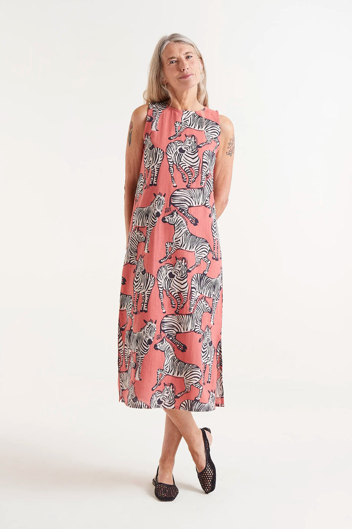 Compania Fantastica Safari Print Midi Dress with a fun zebra print on a coral pink background