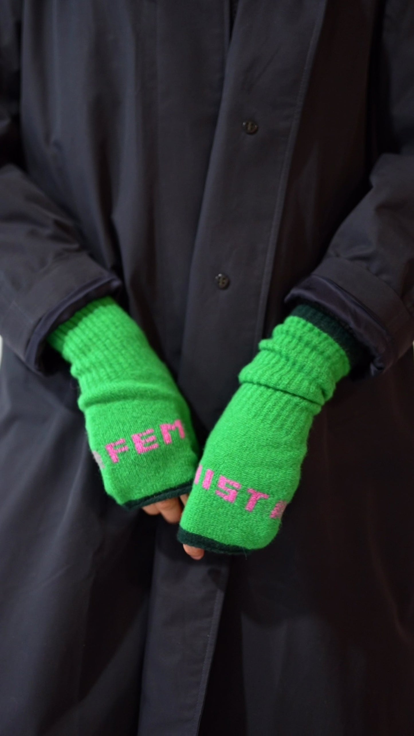Black & Beech Feminist Fingerless Mittens in Kelly Green & Bubblegum