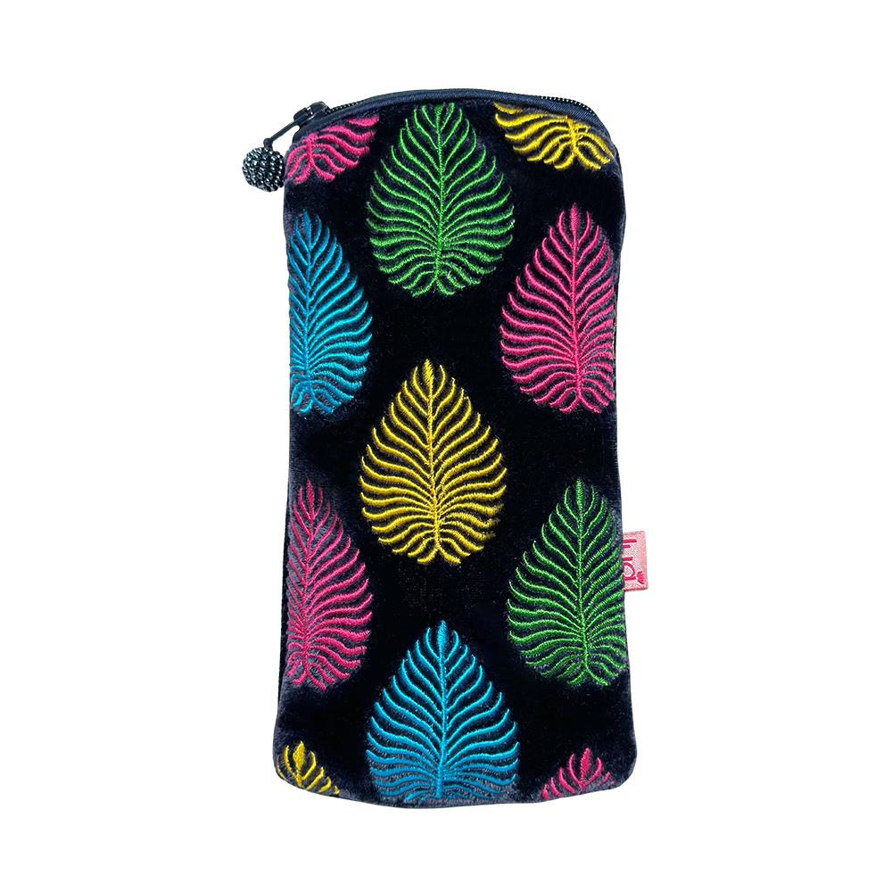 Lua Midnight Blue glasses case with multi coloured geo leaf embroidery