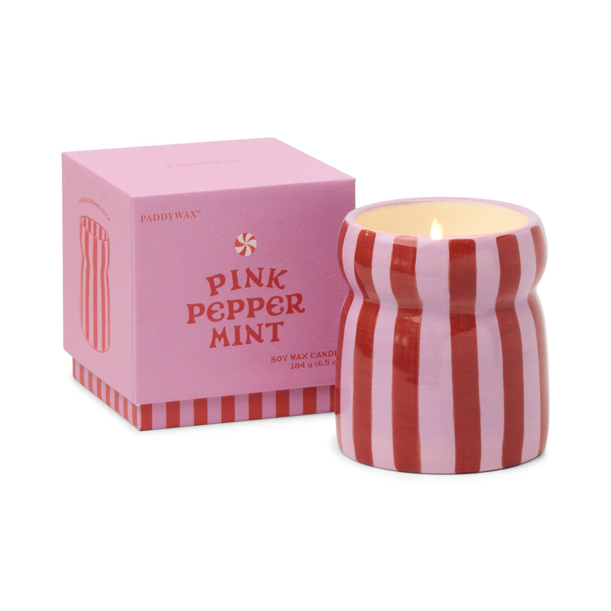6.5 Oz Cabana Red/Pink Striped Candle w/Box -  Pink Peppermint