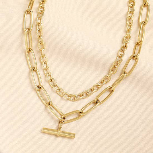 Lisa Angel - Stainless Steel Double Layer T-Bar Pendant Necklace in Gold