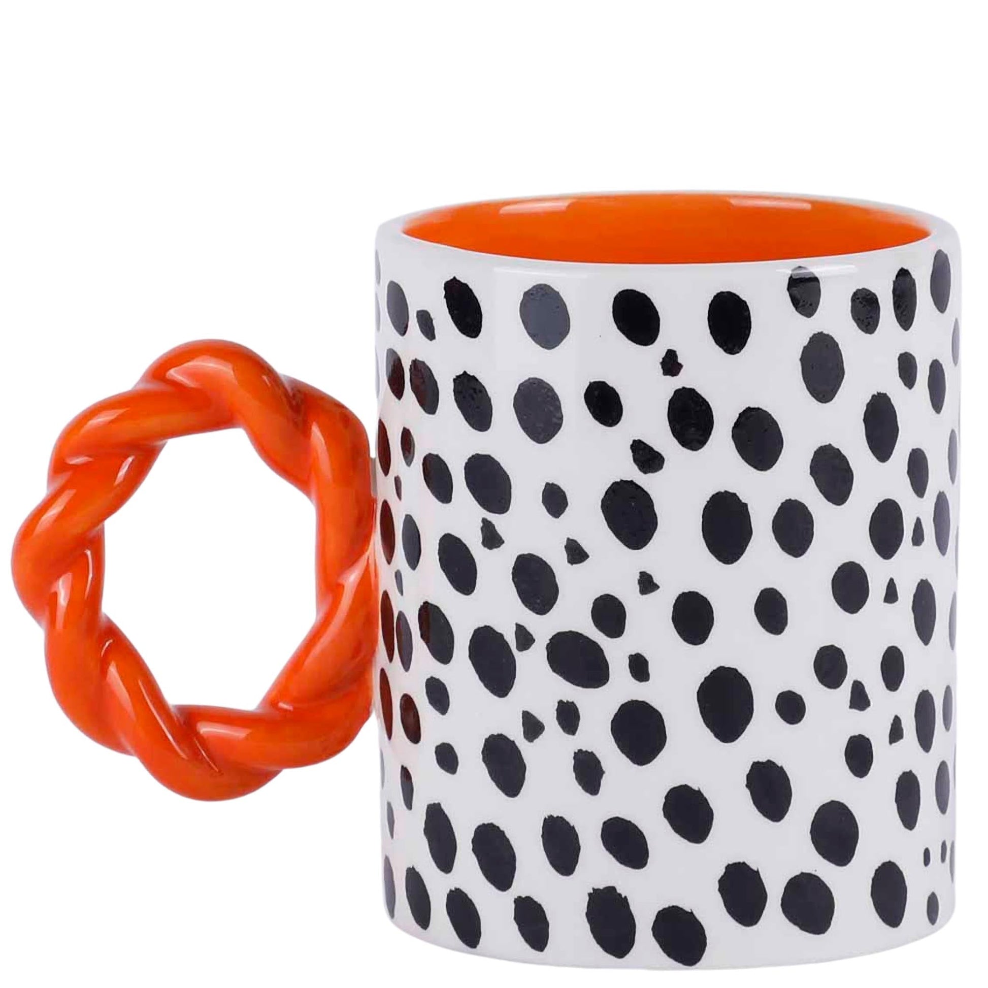 Qué Rico, colourful Hola Bola patterned mug with orange 'rope' ceramic handle, orange colour inside and spotty outer pattern