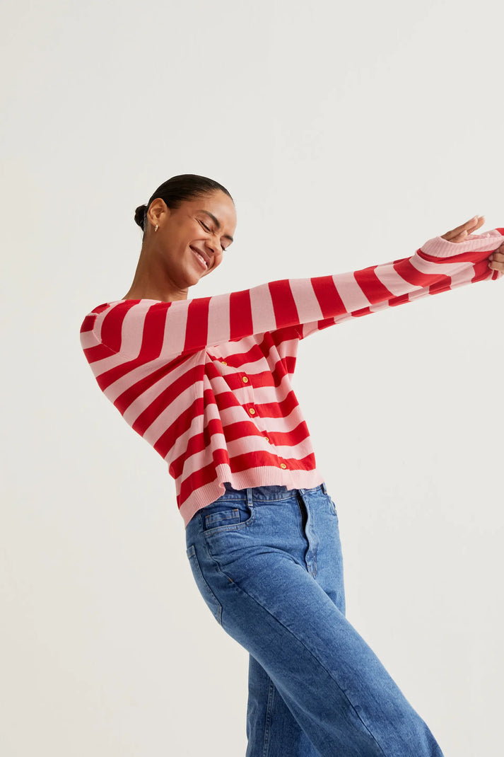 Compania Fantastica Soft Knit Cardigan with Pink & Red Stripe