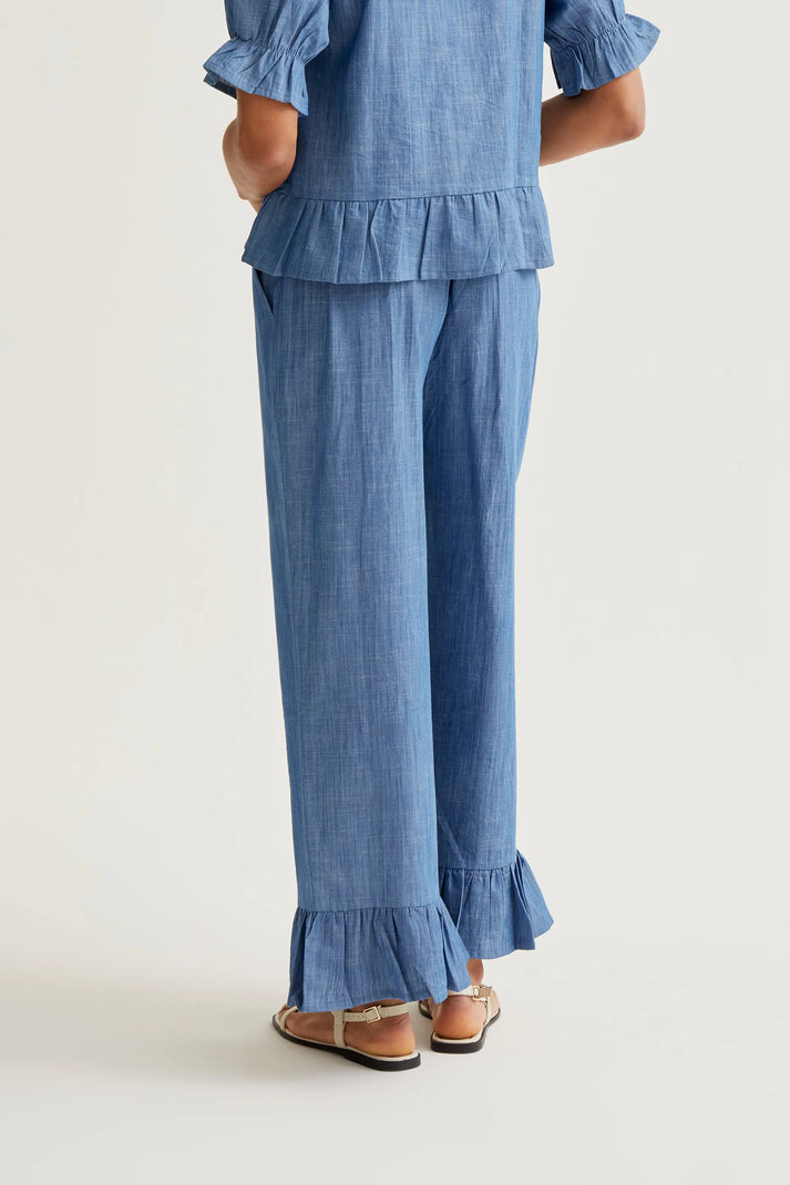 Compania Fantastica Ruffle Trousers in Blue Chambray