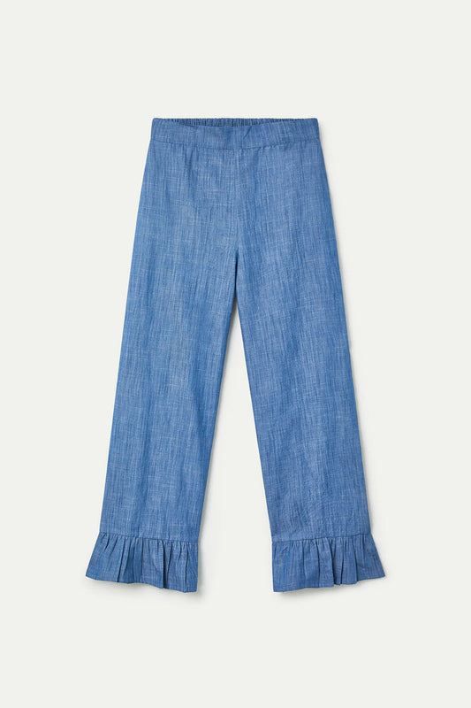 Compania Fantastica Ruffle Trousers in Blue Chambray