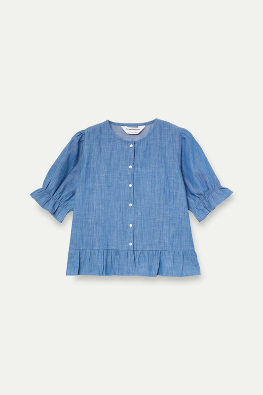 Compania Fantastica Ruffle Top in Blue Chambray