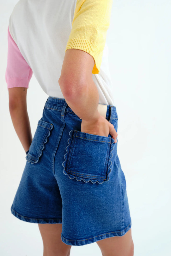 Compania Fantastica Blue Denim Shorts with Wave Detail