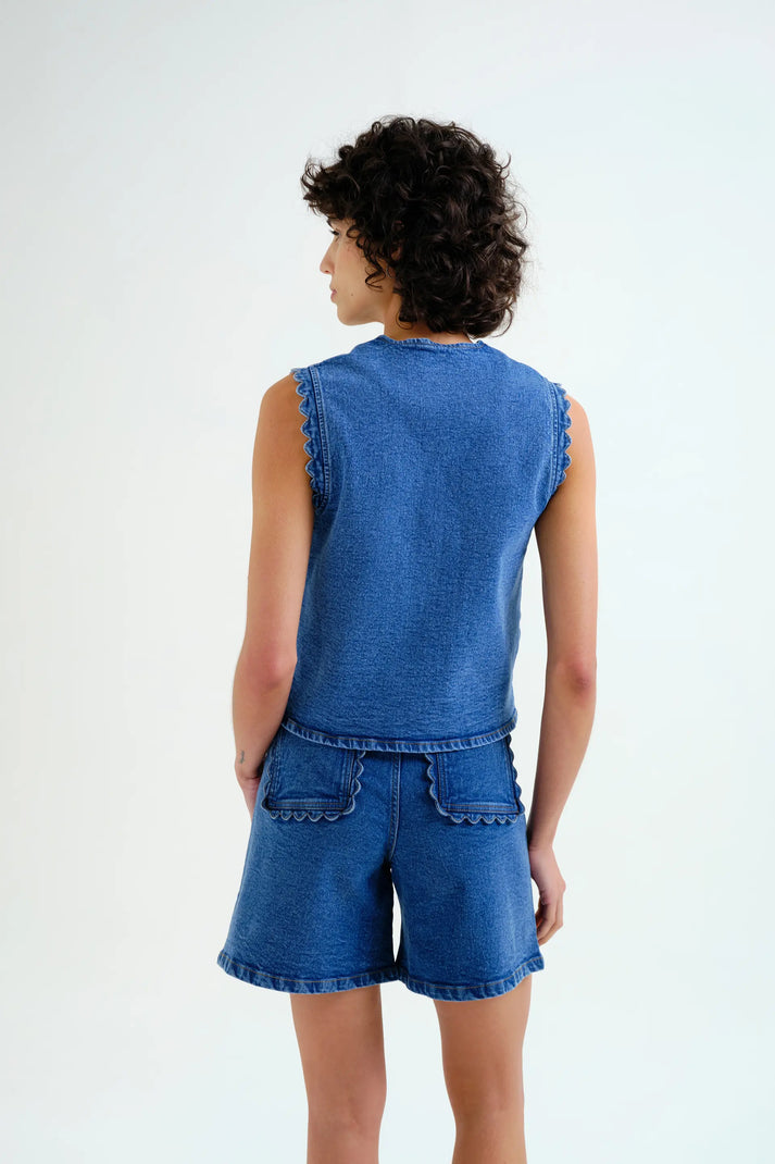 Compania Fantastica Blue Denim Vest with Wave-Edge Detail