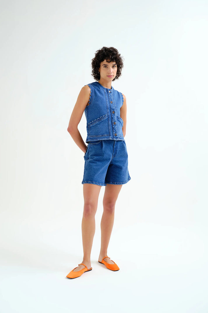 Compania Fantastica Blue Denim Vest with Wave-Edge Detail
