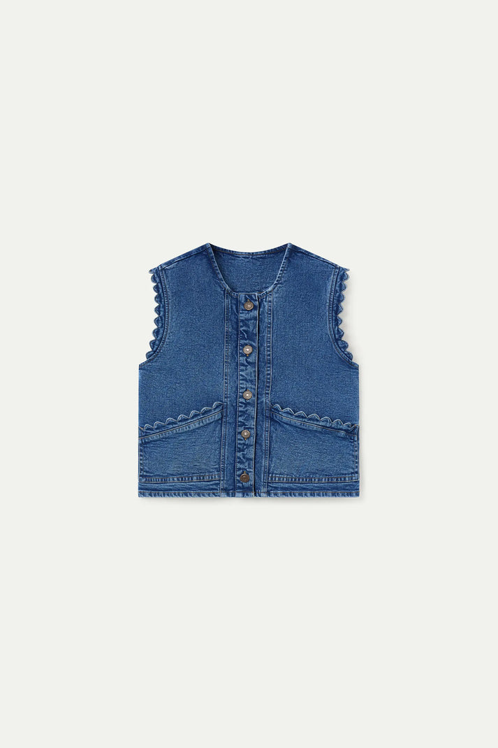 Compania Fantastica Blue Denim Vest with Wave-Edge Detail
