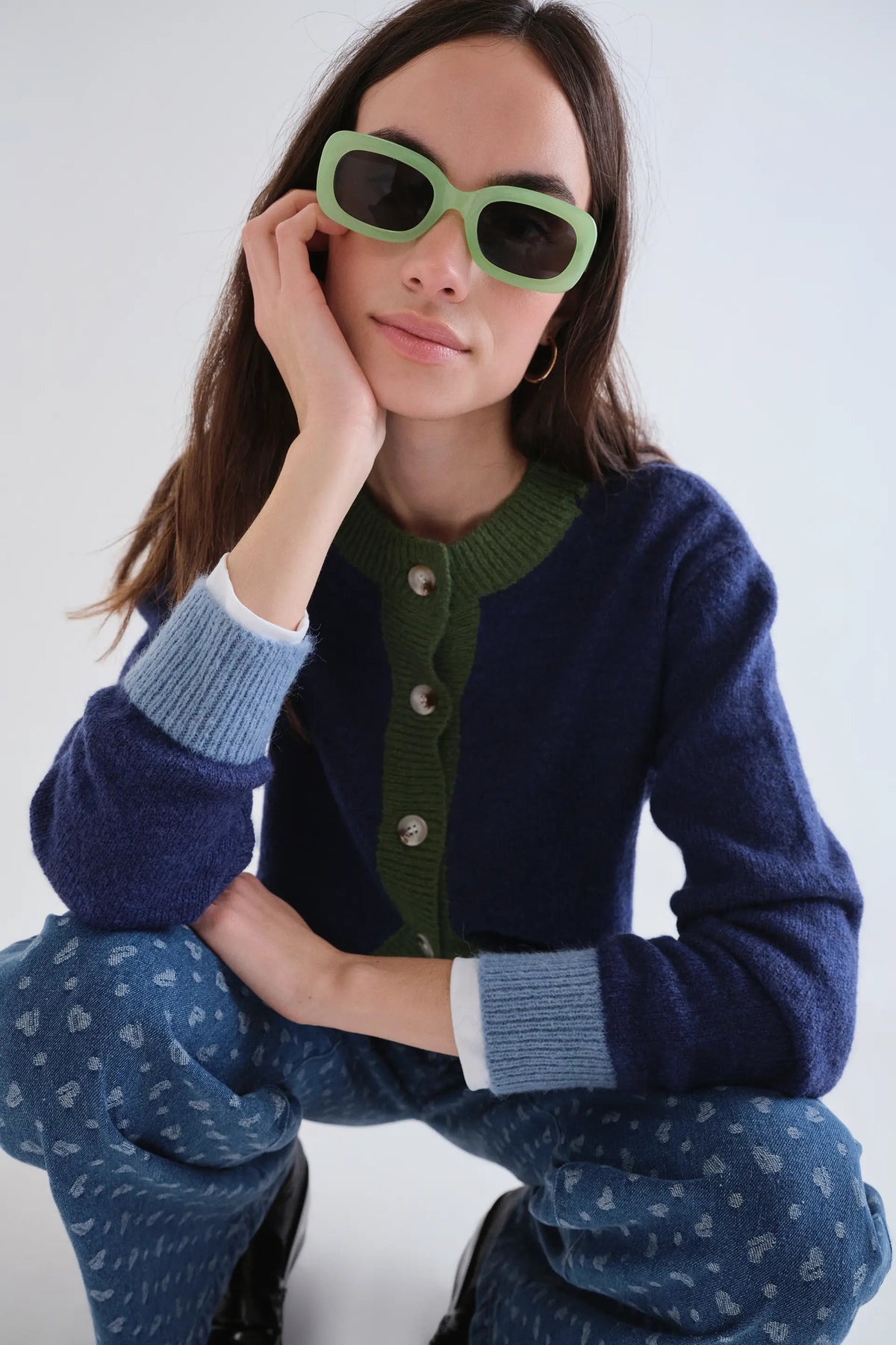 Compania Fantastica Blue and Green Two-Tone Knit Cardigan