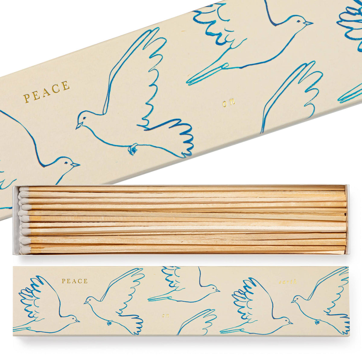 Incense sticks with decorative packaging featuring dove illustrations and the word 'Peace'.