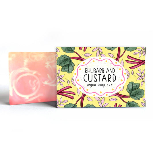 Soap bar with 'Rhubarb and Custard' packaging on a white background